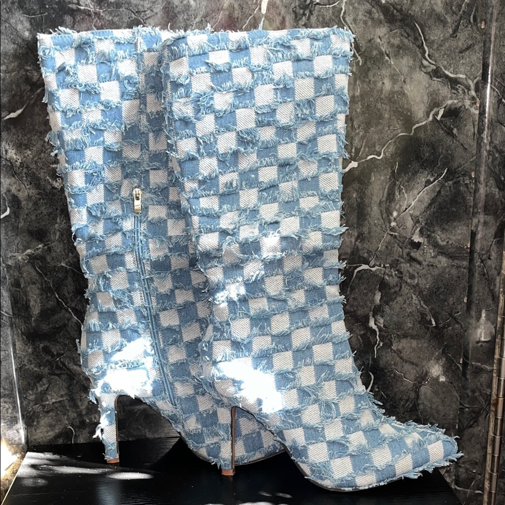 Blue and White Checkered Knee-High Boots